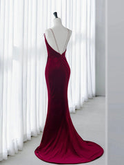 Simple Velvet Mermaid Burgundy Long Prom Dress, Burgundy Long Formal Dress