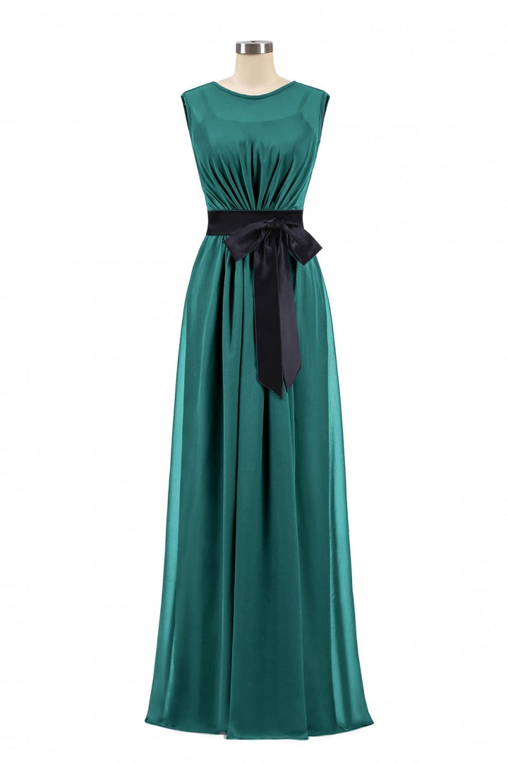 Hunter Green Crew Neck Belted Long Bridesmaid Dress