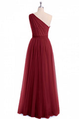 Wine Red Tulle One-Shoulder A-Line Bridesmaid Dress