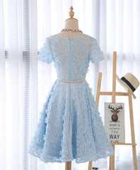 Cute Blue Lace Short Prom Dress, Blue Homecoming Dress