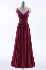 Wine Red Chiffon A-line Long Pleated Bridesmaid Dress