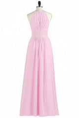 Pink Chiffon Halter Sleeveless A-Line Long Bridesmaid Dress