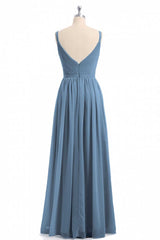 Simple Dusty Blue V-Neck Backless A-Line Long Bridesmaid Dress