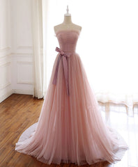 Simple Pink Tulle Long Prom Dress, Pink Tulle Formal Dress, 1