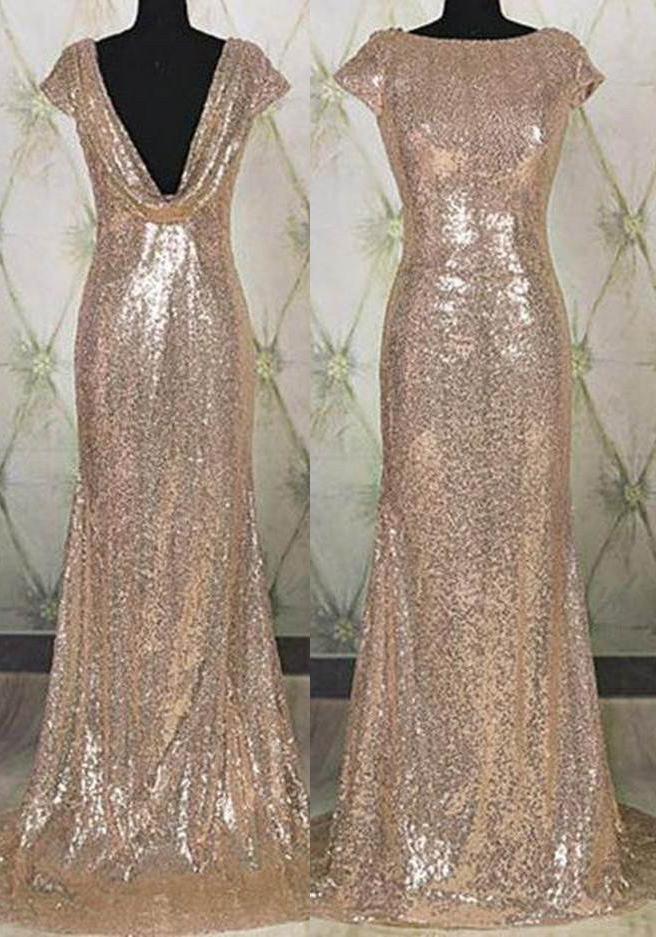 Floor-Length/Long Bateau Neck Column/Sheath Sequined Prom Dresses