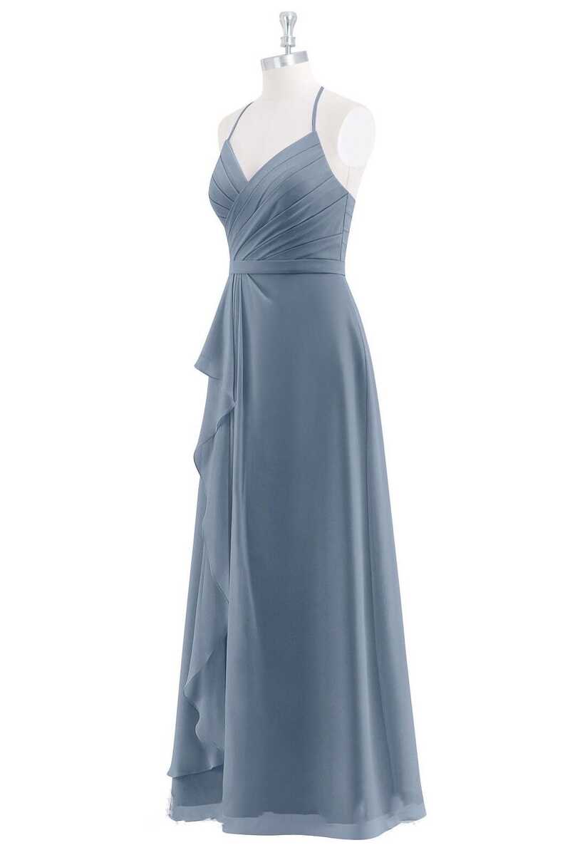 Dusty Blue Chiffon Halter Backless Ruffled Long Bridesmaid Dress