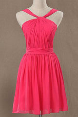 Neon Pink Halter Knee Length Bridesmaid Dress