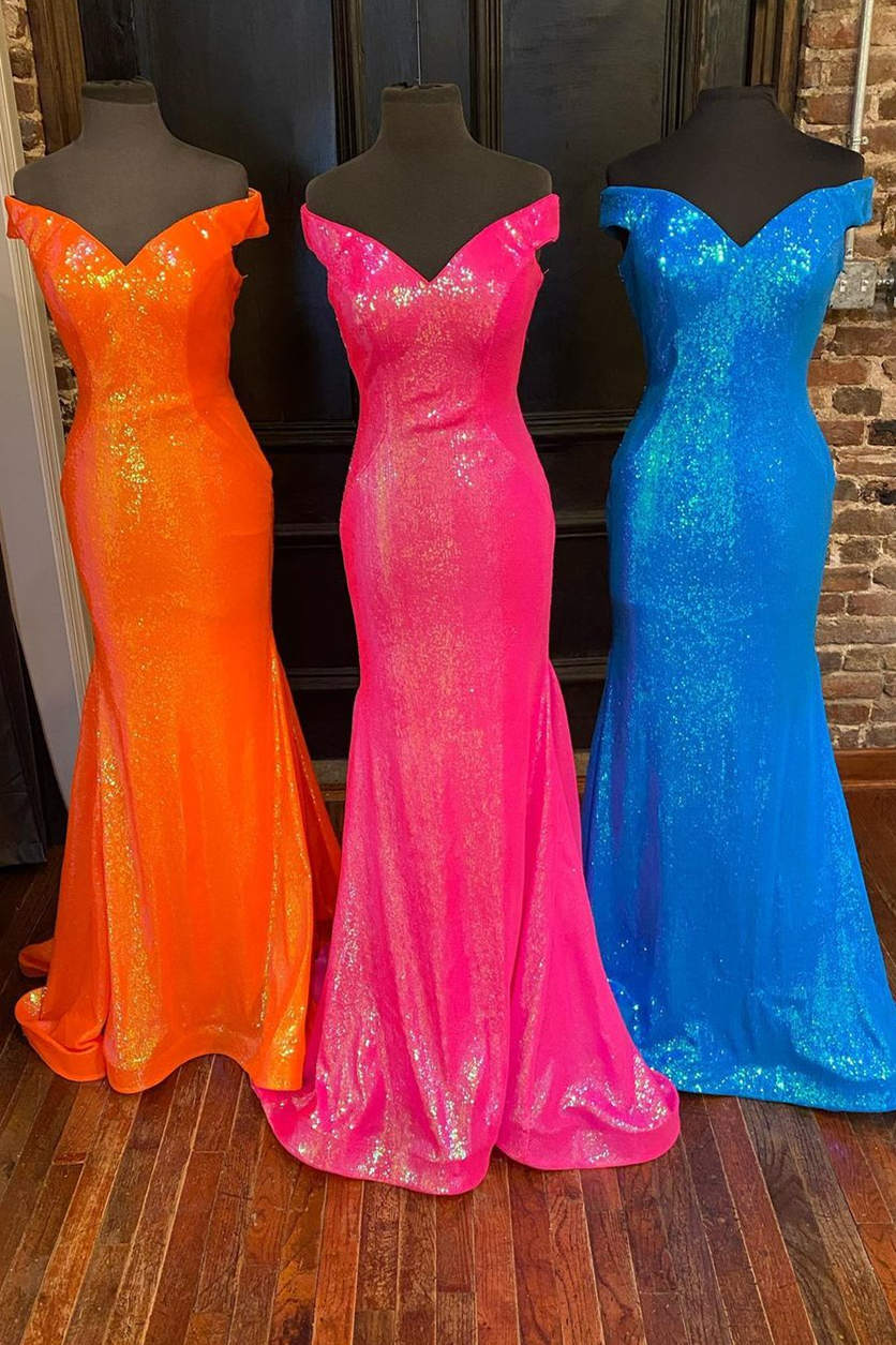 Off the Shoulder Orange Mermaid Long Prom Dress