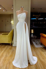 Strapless Creamy White High-split Pleated Long Prom Dress