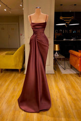 Burgundy Spaghetti-Straps Mermaid Ruffles Prom Dress Long