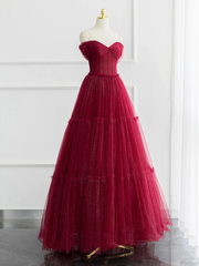 Burgundy A-line Off Shoulder Tulle Shiny Long Prom Dress