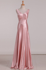 Pink V Neck Satin Backless Long Party Dress Bridesmaid Dress