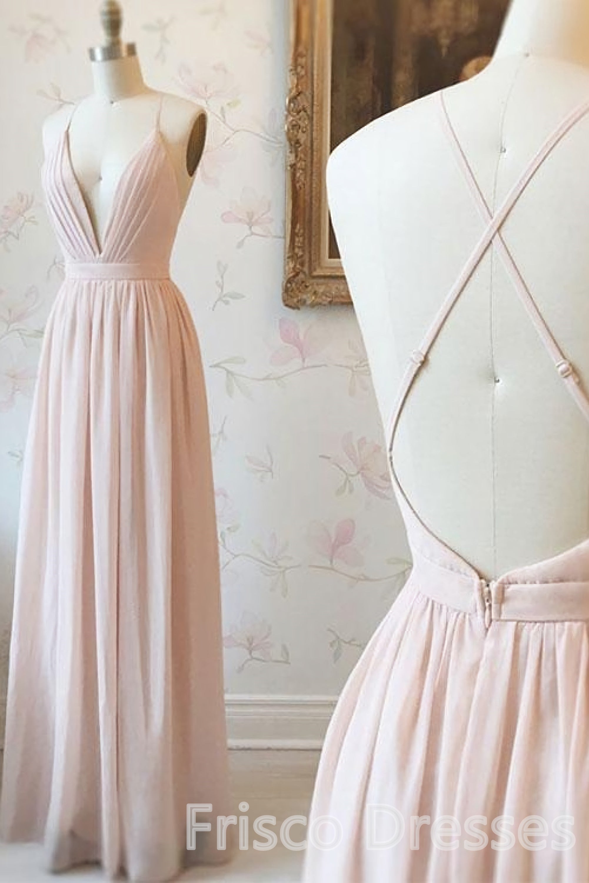 Simple V-neck Zipper Back Floor Length Pink Chiffon Long Elegant Bridesmaid Dresses