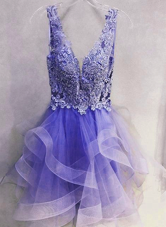 Purple Lace V-Neckline Short Homecoming Dress, Purple Short Prom Dress