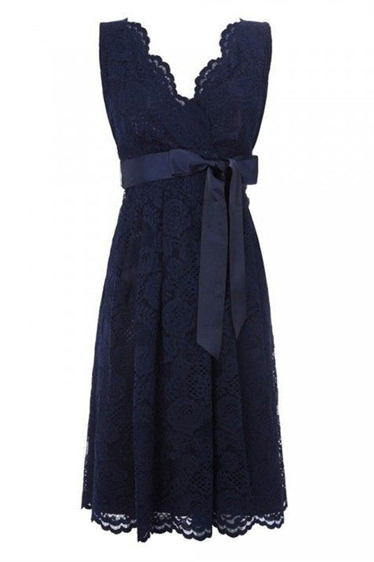 Simple V Neck Short Lace Navy Blue Bridesmaid Dress with Sash