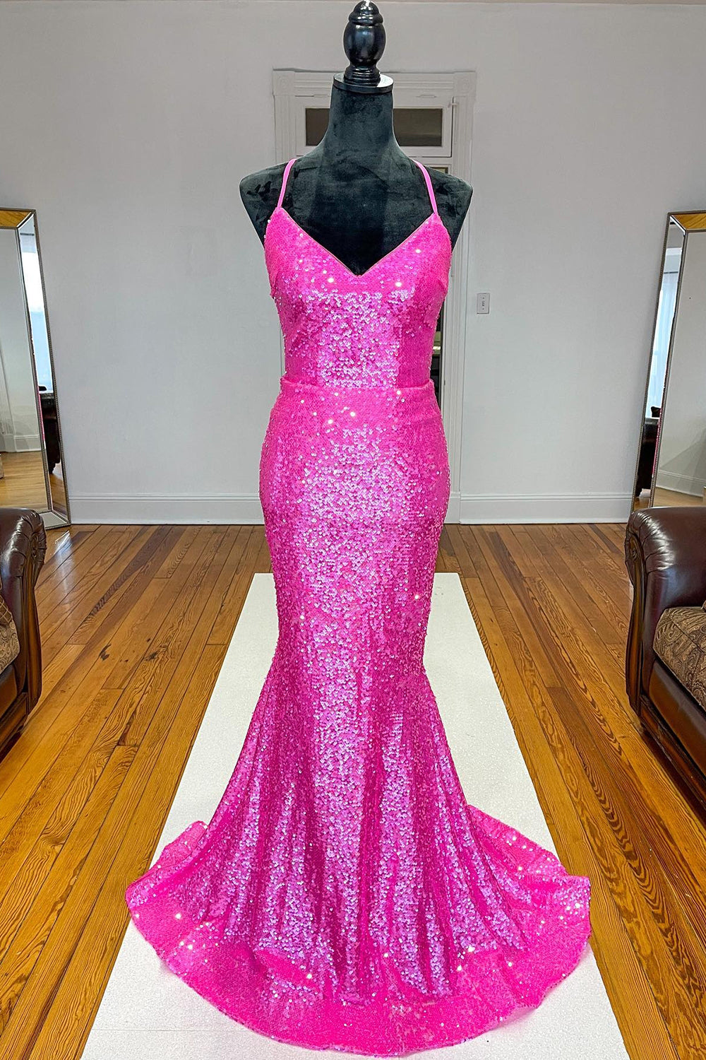 Fuchsia Mermaid Backless Sequined Prom Dress