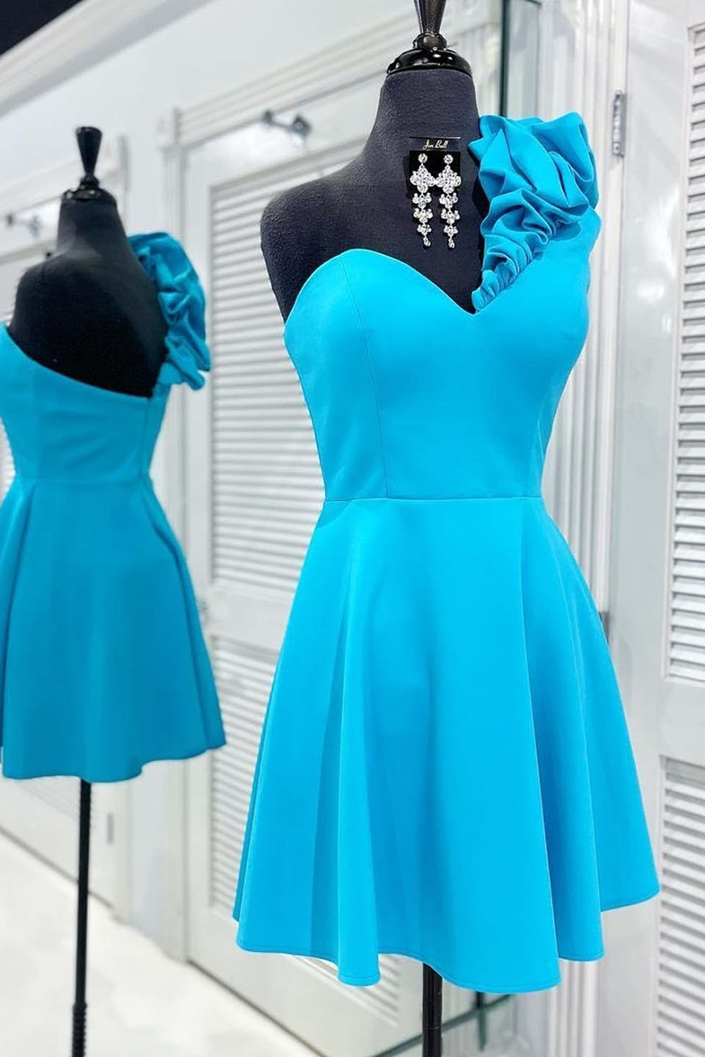 A Line One Shoulder Blue Short Homecoming Dress