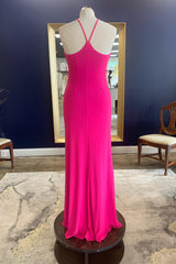 Sheath Halter Hot Pink Long Prom Dress with Silt