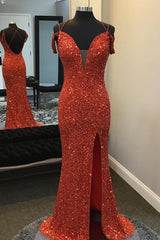 Orange Sparkly Spaghetti Straps Sequins Long Prom Dress with Slit