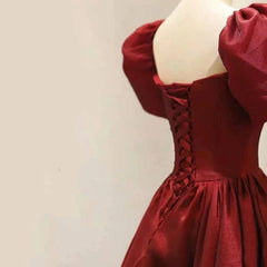 Burgundy A-line Satin Vintage Women Dresses Long Prom Dresses