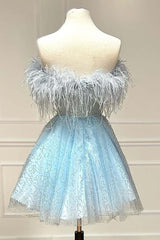 Light Blue A-Line Strapless Homecoming Dress with Feathers