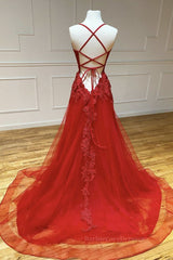 A Line Backless Red Lace Long Prom Dress, Long Red Lace Formal Dress, Red Evening Dress