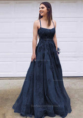 A Line Bateau Court Train Lace Prom Dress With Appliqued