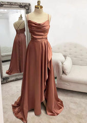 A Line Bateau Spaghetti Straps Long Floor Length Satin Prom Dress With Pleated Split