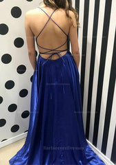 A Line Bateau Spaghetti Straps Sweep Train Charmeuse Prom Dress With Split