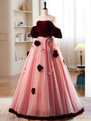 A-Line Burgundy/Pink Tulle Velvet Long Prom Dress, Burgundy Formal Dress