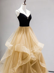 A-Line Champagne Tulle Long Prom Dresses, Velvet Graduation Dresses with Beading