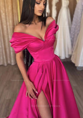 A Line Off The Shoulder Short Sleeve Satin Long Floor Length Prom Dress With Ruffles Split