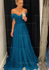 A Line Off The Shoulder Sleeveless Sweep Train Tulle Prom Dress With Pleated