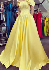 A Line Off The Shoulder Strapless Long Floor Length Satin Prom Dress With Pleated Pockets