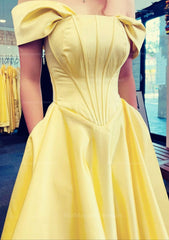 A Line Off The Shoulder Strapless Long Floor Length Satin Prom Dress With Pleated Pockets