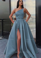 A Line One Shoulder Long Floor Length Satin Prom Dress With Pockets Waistband Split