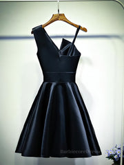 A Line One Shoulder Short Black Prom Dresses, Short Black One Shoulder Formal Graduation Dresses