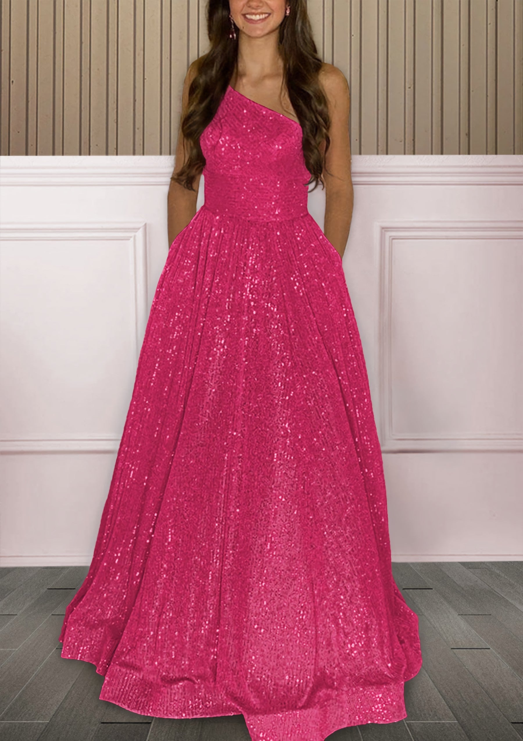 A Line One Shoulder Sleeveless Sweep Train Sequined Prom Dress With Pockets