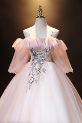 A-Line Pink Spaghetti Straps Long Prom Dress, Pink Lace Formal Evening Dress