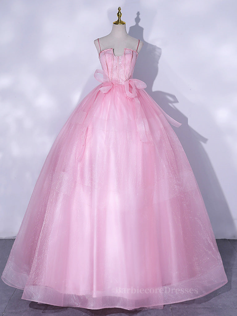 A-Line Pink Tulle Lace Long Prom Dress, Pink Formal Dresses