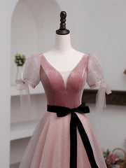 A-Line Pink Tulle Velvet Long Prom Dress, Pink Formal Dresses