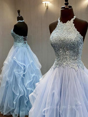 A-Line/Princess Halter Floor-Length Tulle Prom Dresses With Appliques Lace