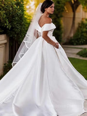 A-Line/Princess Off-the-Shoulder Chapel Train Satin Wedding Dresses