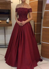 A Line Princess Off The Shoulder Sleeveless Long Floor Length Elastic Satin Prom Dress With Lace Pleated