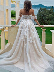 A-Line/Princess Off-the-Shoulder Sweep Train Lace Wedding Dresses