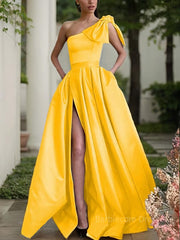 A-Line/Princess One-Shoulder Sweep Train Satin Prom Dresses With Leg Slit