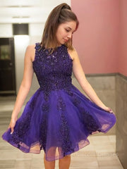 A-Line/Princess Scoop Short/Mini Tulle Homecoming Dresses With Beading