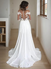 A-Line/Princess Scoop Sweep Train Chiffon Wedding Dresses With Leg Slit