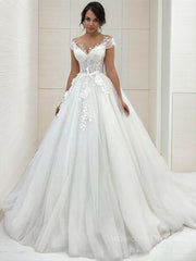 A-Line/Princess Scoop Sweep Train Tulle Wedding Dresses