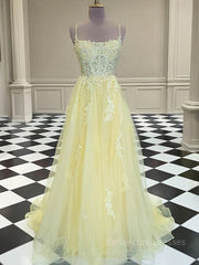 A-Line/Princess Spaghetti Straps Sweep Train Tulle Prom Dresses With Appliques Lace